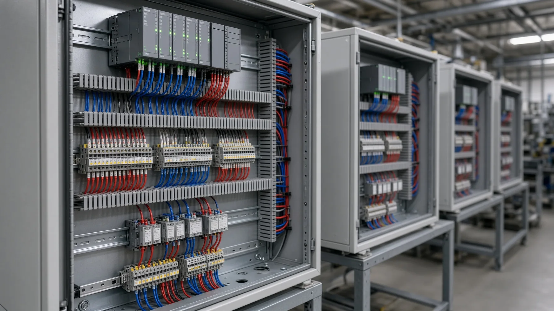 Industrial control panel fabrication shop with open UL-style enclosures, PLC racks, and control wiring