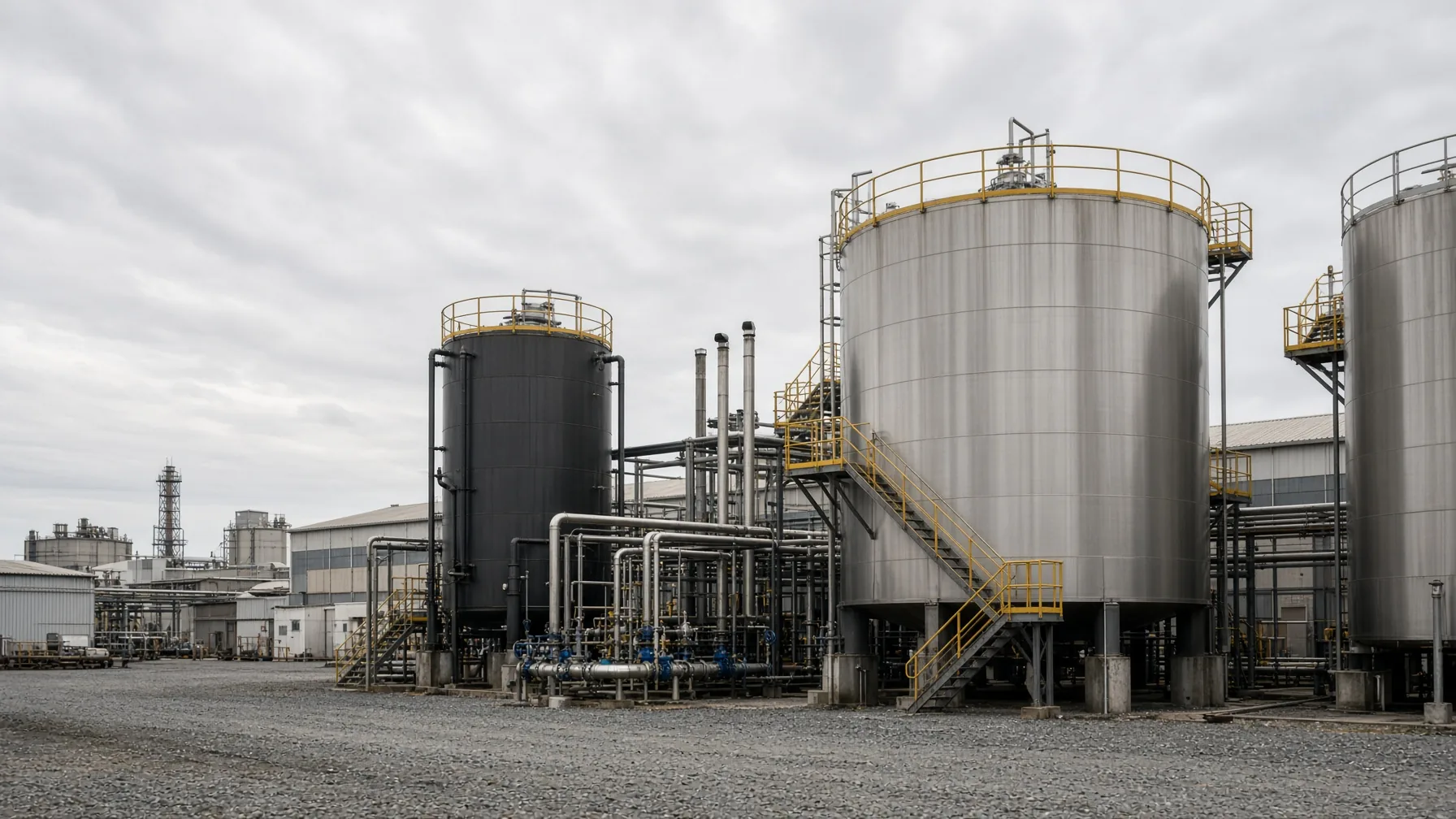 Process storage tanks and piping skids in an industrial fabrication yard